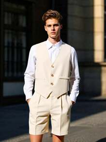 3pcs/Set Solid Color Business Suit Including Vest, Shirt, And Shorts, Suitable For Daily Wear, Commuting, Festivals And Formal Occasions - Khaki - View 1