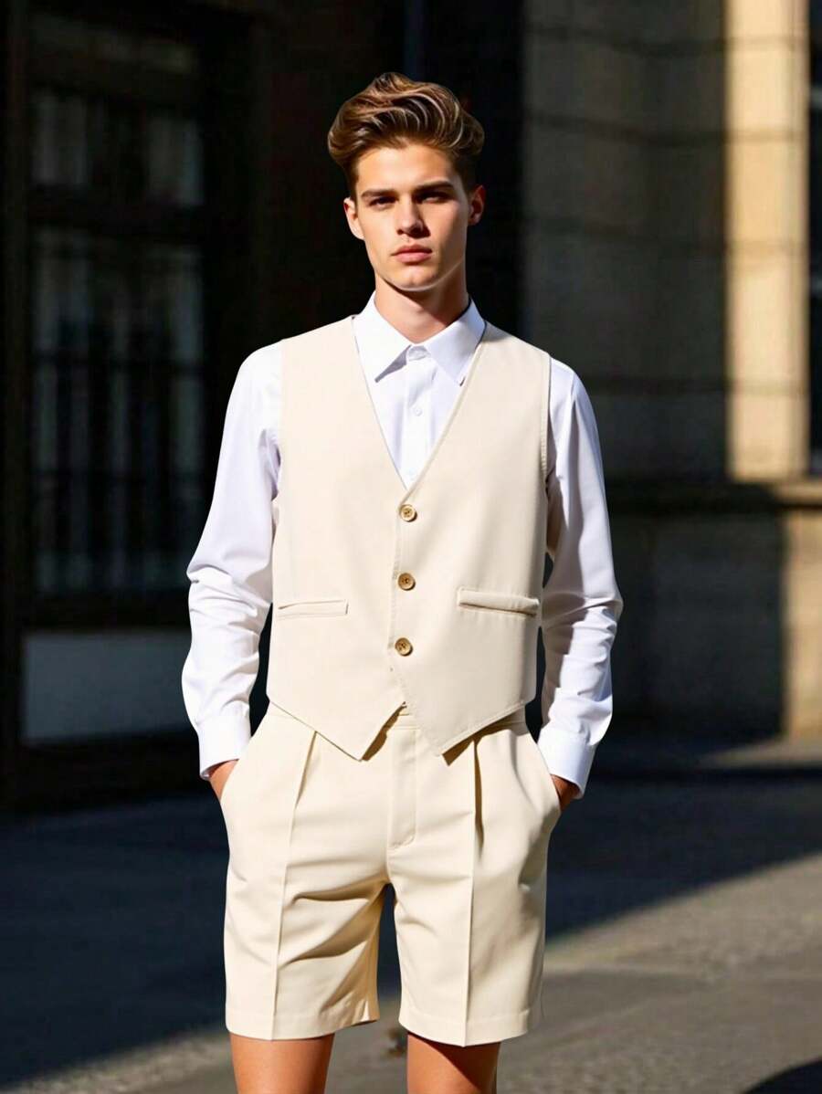 3pcs/Set Solid Color Business Suit Including Vest, Shirt, And Shorts, Suitable For Daily Wear, Commuting, Festivals And Formal Occasions - Khaki - View 1
