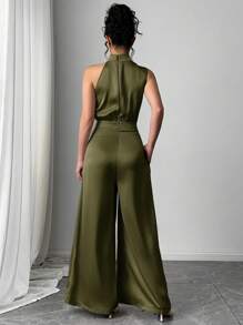 Firerie Women's Elegant Minimalist Sophisticated Fashion Commute Daily Wear Beige High Waist Asymmetrical Pleated Wide Leg Pants - Army Green - View 7