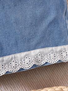 2pcs/Set Tween Girl Bowknot Top With Ruffle Detail & Denim Shorts With Ruffle Trim - Multicolor - View 6