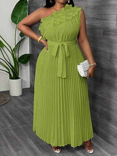 Slaydiva 大码优雅花式派对不对称荷叶边腰褶杏色夏季连衣裙