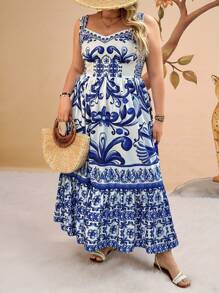 Travachic Vestido Romântico Solto de Linha A com Alça Fina, Decote Doce e Cintura Franzida, Estampa Floral Azul e Branca, Plus Size, para Férias, Boho, Vestimenta Western para Mulheres, Festival, Boêmio, Looks de Verão para Mulheres, Praia, Looks de Primavera para Mulheres