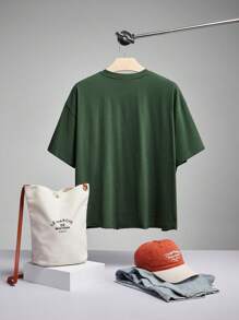 SHEIN Forever 21 Men's Loose Letter Print Dark Green Cropped T-Shirt/Summer T-Shirt/Casual/Streetwear - Green - View 2