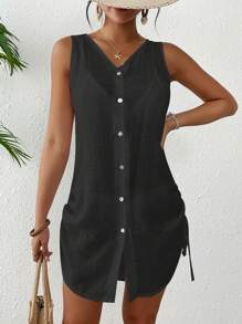 Women Solid Color V-Neck Single-Breasted Sleeveless Kimono Dress For Summer Beach Vacation - Black - View 1