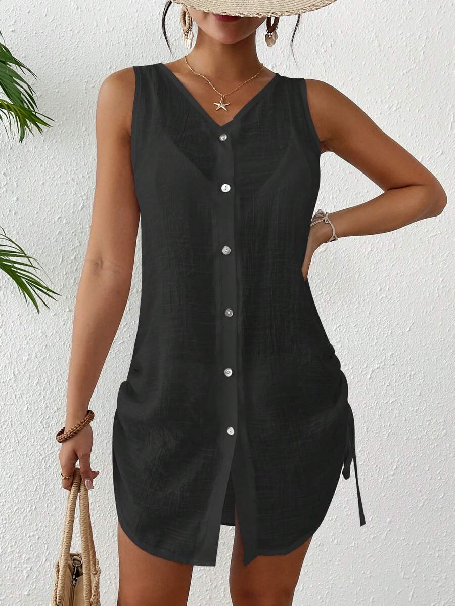 Women Solid Color V-Neck Single-Breasted Sleeveless Kimono Dress For Summer Beach Vacation - Black - View 1