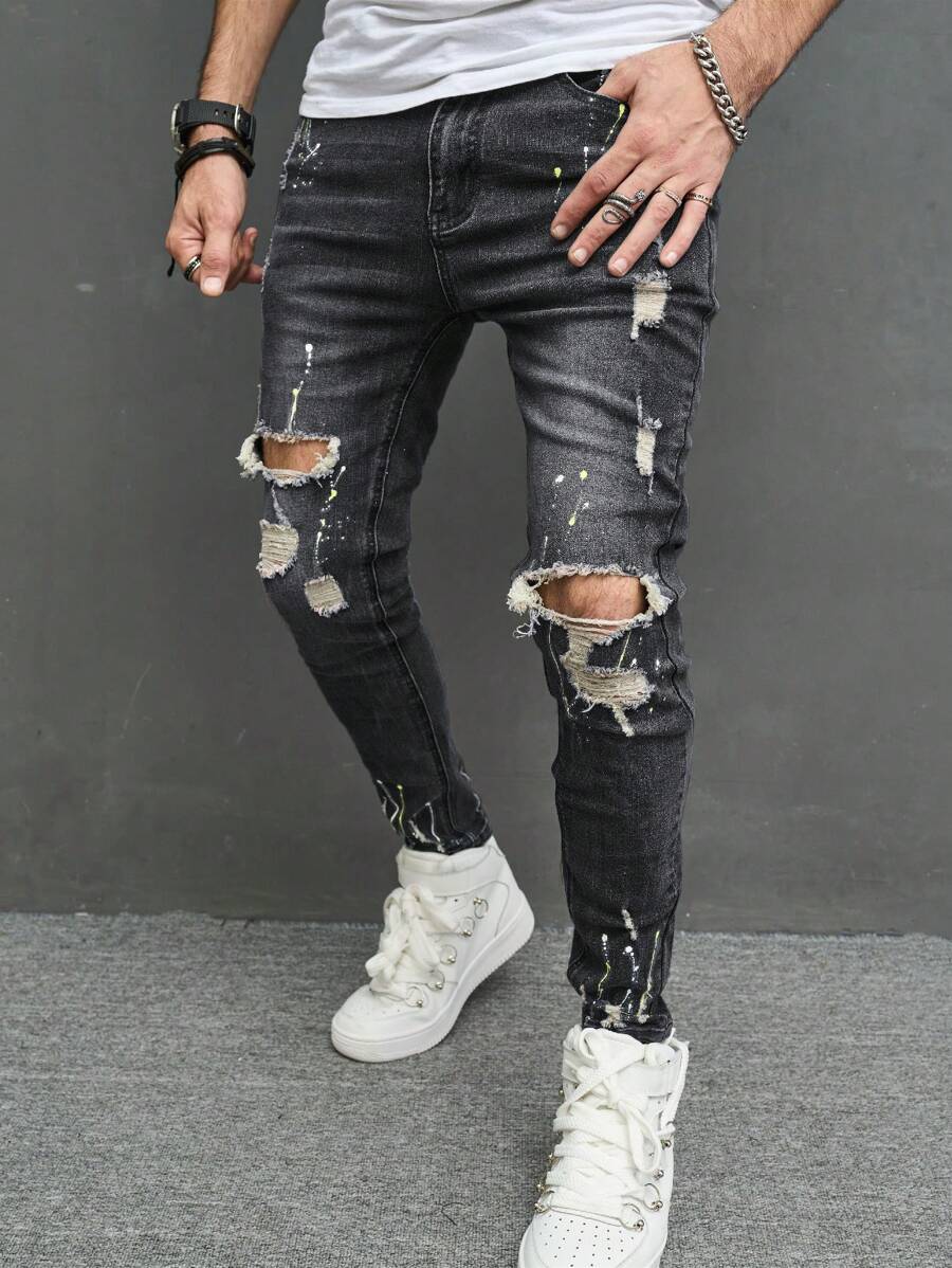 Manfinity LEGND Men's Pocket Ripped Skinny Casual Versatile Black Jeans - Black - View 1