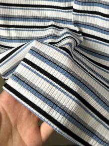 SHEIN Leap Crew Tween Girls Simple Colorful Striped Knitted Tight Crop Fitted Casual T-Shirt - Baby Blue - View 5