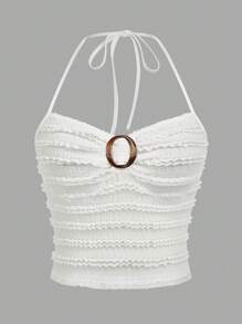 Sweetra Camiseta sin mangas de punto con tirantes finos, informal, con cuello fruncido y cierre de gancho para mujer, talla grande - Blanco - Ver 1