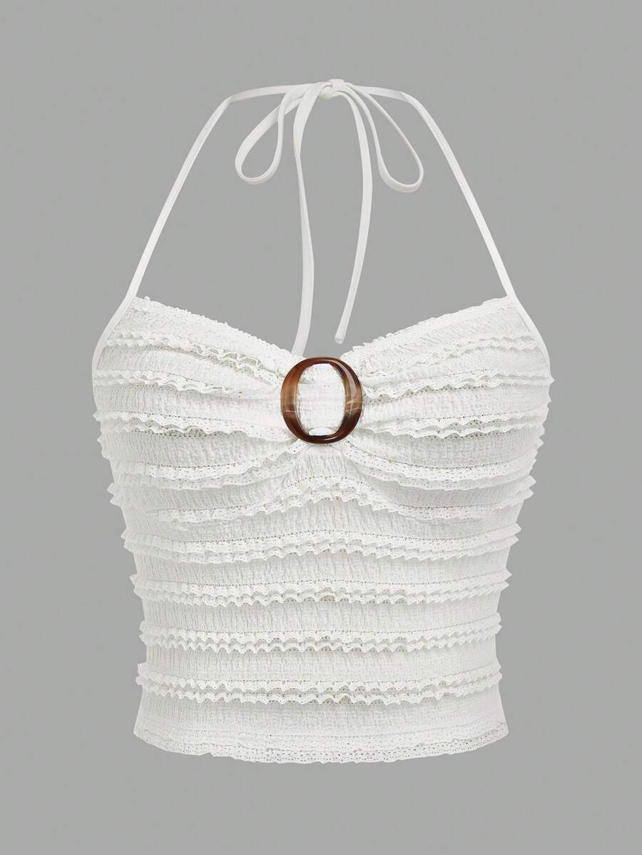 Sweetra Camiseta sin mangas de punto con tirantes finos, informal, con cuello fruncido y cierre de gancho para mujer, talla grande - Blanco - Ver 1