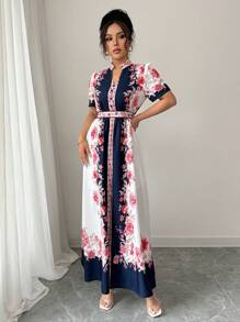 Elenzga 女士优雅花卉印花立领泡泡袖节日连衣裙 - 彩色 - 查看 6