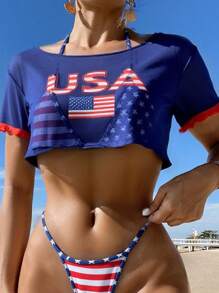 Swim SXY 3pcs Beach Outfit For Women, Multi-Color Contrast Trim USA Flag Print Triangle Halter Sexy Bikini Set With Sleeveless Round Neck Cover-Up, 4th Of July For Summer Beach Vacation