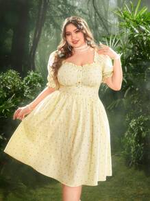 Flirla Plus Size Women Elegant Colorful Jacquard Short Dress - Yellow - View 5