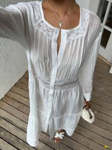 Sunnyshic Women's Casual Vacation Versatile Daily Solid Color Lace Panel Sheer Long Sleeve Long Shirt, Spring/Summer - White - View 1