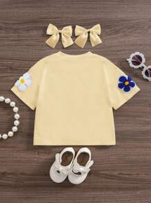 SHEIN Leap Crew 女婴休闲花卉贴花短袖 T 恤，夏季