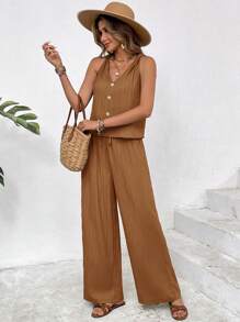 SHEIN Frenchy Set de 2 piezas de camisa sin mangas con cuello en V con botones y pantalones de unicolor para mujer - Caqui - Ver 5