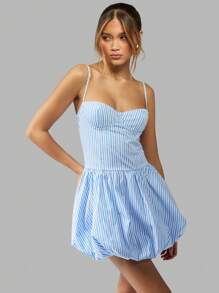 MISSGUIDED Bubble Hem Mini Dress Sweetheart Neckline Spaghetti Strap Summer Spring Fit And Flare Striped Cotton Blend Party Wedding Guest Sundress - Blue - View 3