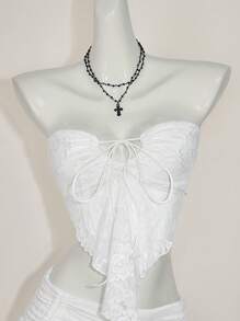 SHEIN ICON 蕾丝拼布短款吊带上衣（带抽绳） - 白色 - 查看 6