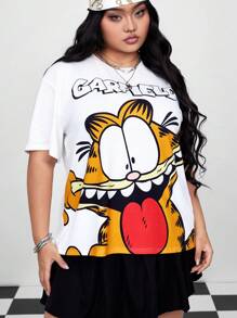 GARFIELD | SHEIN Plus Size Cartoon Graphic Print Casual Round Neck Short Sleeve T-Shirt - White - View 7
