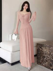 Modelyn 女式网眼系带喇叭袖不对称褶饰优雅约会连衣裙女式正式派对连衣裙 - 粉色 - 查看 5