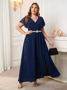 Ellevyn Vestido midi elegante de talla grande con cuello en V, mangas con volantes de encaje y unicolor, vestido para invitada de boda, vestido de graduación, vestido de verano, vestido de novia, vestidos elegantes para fiesta - Azul Marino - Ver 2