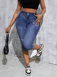 Slaydiva Jeans cortos azules con roturas y elásticos de talla grande, pantalones vaqueros casuales de ciclismo elásticos de talla grande para todo el año, jeans elásticos de talla grande con roturas y sexy de tela vaquera - Azul - Ver 6