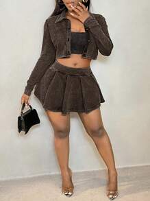 SHEIN SXY 3pcs Plus Size Women Retro Washed Vintage Set: Camisole Crop Top, Long Sleeve Short Jacket & Elastic Waist Mini Pleated Skirt, Suitable For Everyday Wear, Music Festival, Concert, Carnival Party, Beach Vacation, Date Night, Birthday, Bachelorette Party, Club, Casual, Streetwear, Going Out, Flattering The Figure - Khaki - View 5