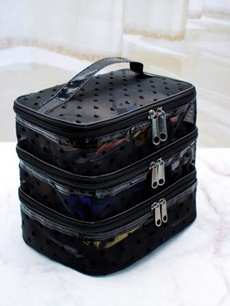Simple & Fashionable Double Layer Cosmetic Bag With Large Capacity & Handle, For Storage & Travel