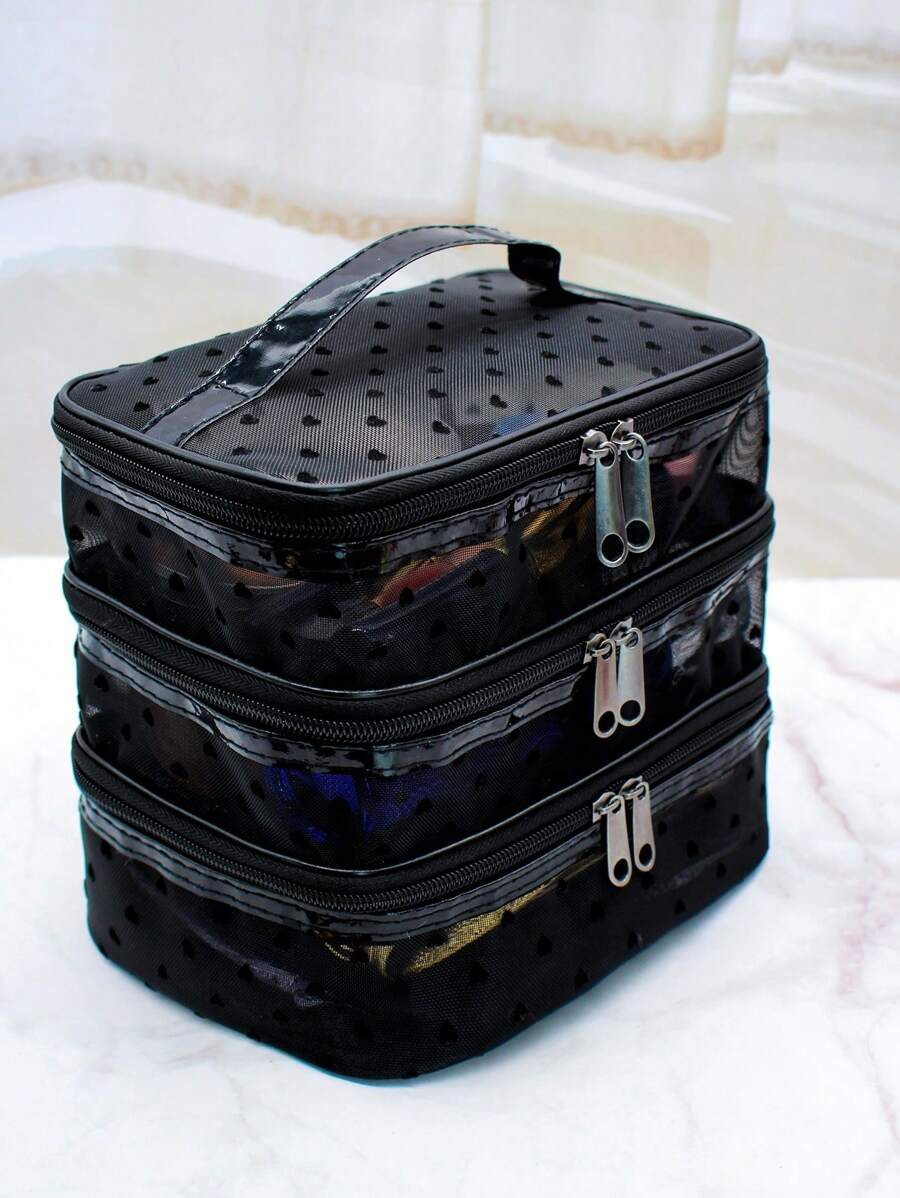 Simple & Fashionable Double Layer Cosmetic Bag With Large Capacity & Handle, For Storage & Travel - Black - View 1