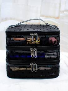 Simple & Fashionable Double Layer Cosmetic Bag With Large Capacity & Handle, For Storage & Travel - Black - View 6