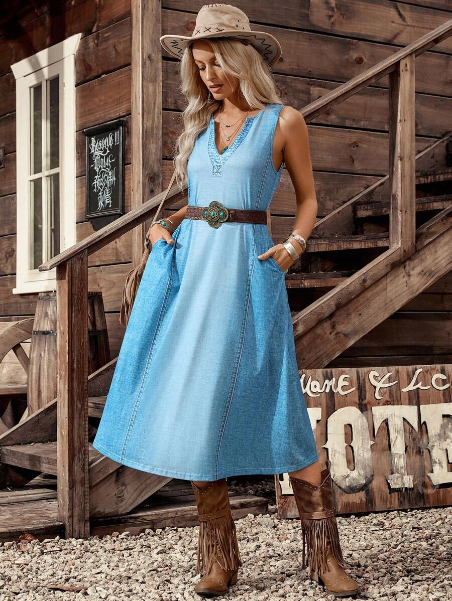 LanaWest Women's Sleeveless Long Casual Dress, Notched Neck Pocket, A-Line Blue Denim Effect, Spring/Summer - Multicolor - View 1