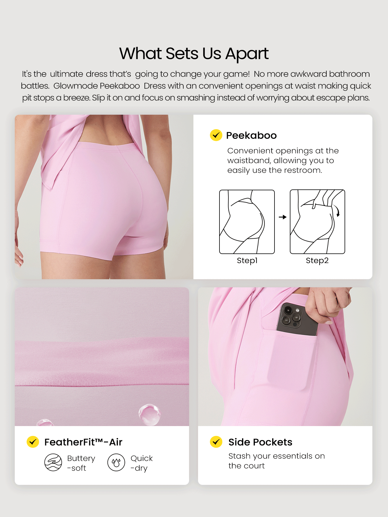 GLOWMODE Quick-Dry Match Point Peekaboo Flattering Seam Front Slit Square Neck Racerback Active Dress With Built-In Shorts Side Pockets Non-Slip Grips Low Impact Tennis Golf Pickleball Daily Wear - Bubblegum Pink - View 2