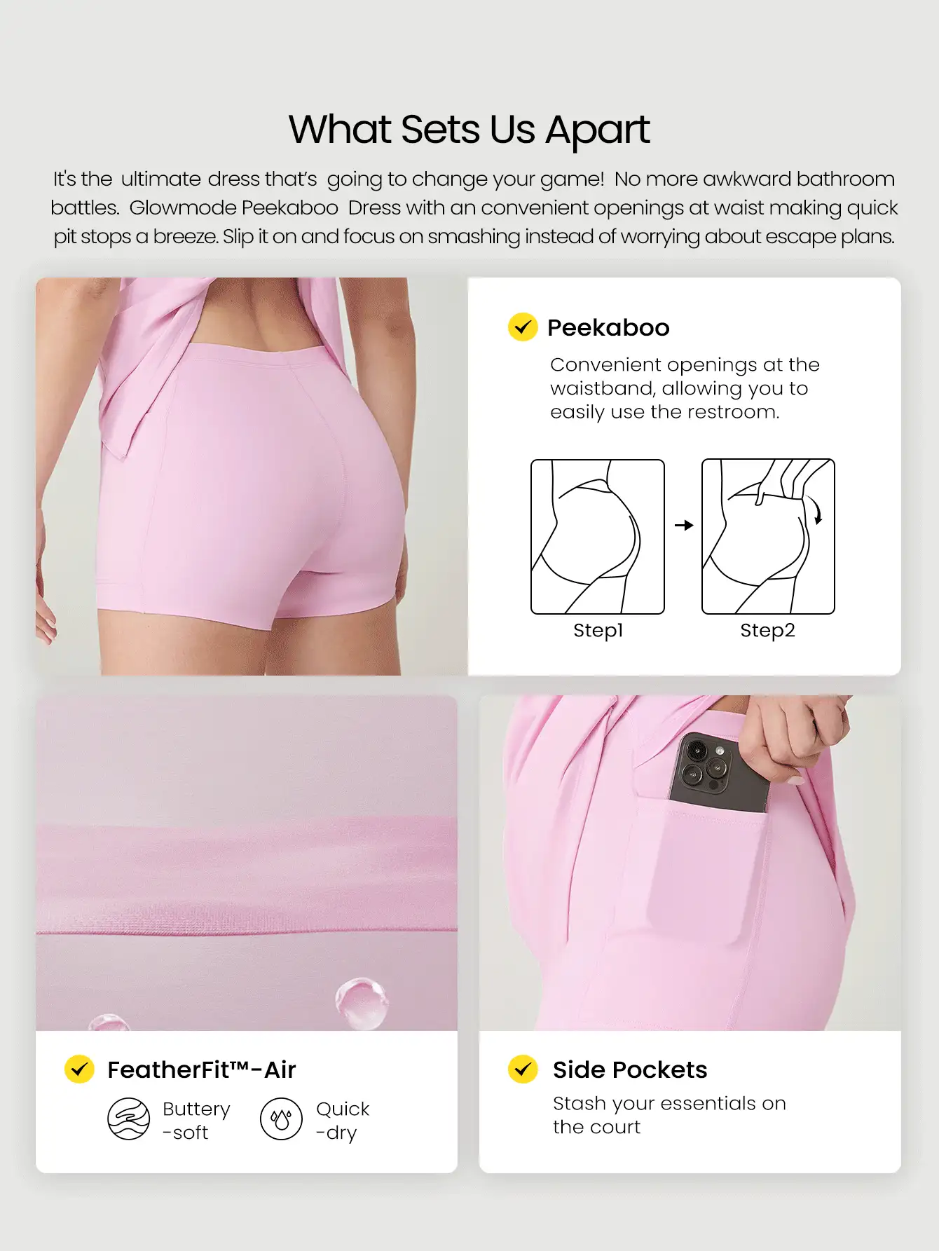 GLOWMODE Abito da allenamento FeatherFit™ Air Match Point con scollo quadrato e schiena a racer, fessura frontale e coulisse piatta, pantaloncini incorporati, tasche laterali, grip antiscivolo, adatto per tennis, golf, pickleball e uso quotidiano a basso impatto - Rosa Bubblegum - Visualizzare 2