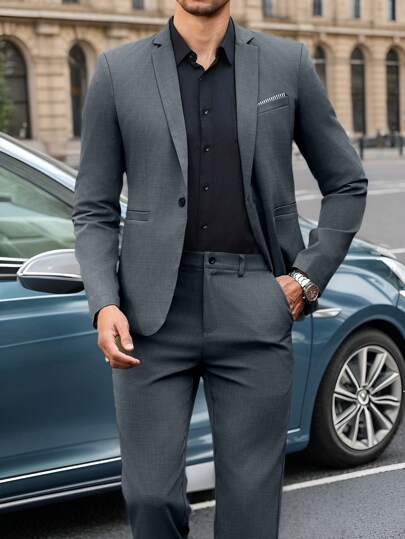 Manfinity Bizformal Conjunto de 2 piezas de chaqueta y pantalón de manga larga con cuello de solapa jaspeada para hombres