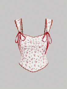 SHEIN MOD Große Größen Vintage romantische Bluse mit kleinem Blumendruck und Knoten-Verschluss. Teezeit Top für Frauen