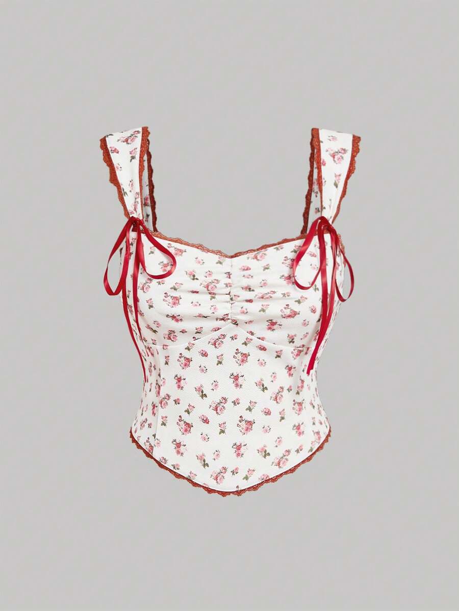 SHEIN MOD Plus Size Ditsy Floral Vintage Romantic Vacation Tie Front Blouse.Tea Party Top Women - Multicolor - View 1