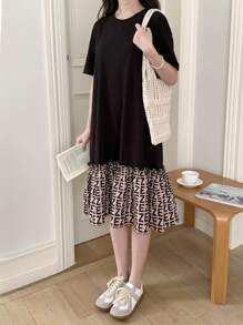SHEIN 少女休闲几何图案拼布圆领短袖针织迷你连衣裙春夏季 - 黑色 - 查看 5