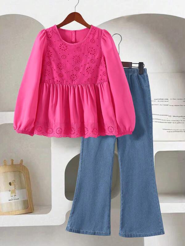 SHEIN Girls Casual Round Neck Long Sleeve Embroidered Blouse And Elastic Waist Bell-Bottom Jeans, Spring Outfit Set