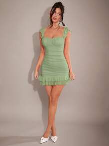 SHEIN BAE Vestido mini ajustado de manga corta elegante, rosa romántico/rosa claro, adecuado para primavera, otoño e invierno, ideal para el Día de San Valentín, fiestas, citas, damas de honor, bailes y uso diario