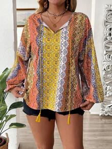 SHEIN LUNE Plus Size Bohemian Pattern Printed Tassel Tie Shirt, Summer Holiday - Yellow - View 4