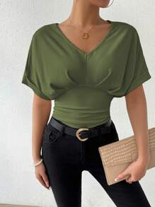 SHEIN Clasi V-Neck Ruched Bodysuit, Minimalist & Fashionable, Suitable For Summer - Army Green - View 5