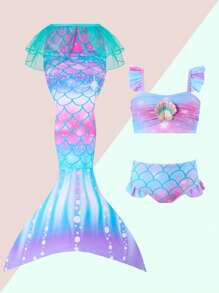 WESTFADE Young 3 pièces/Ensemble Maillots de bain pour toutes petites filles, Imprimé écailles de poisson mignon avec décoration de coquillage, Ensemble bikini queue de sirène