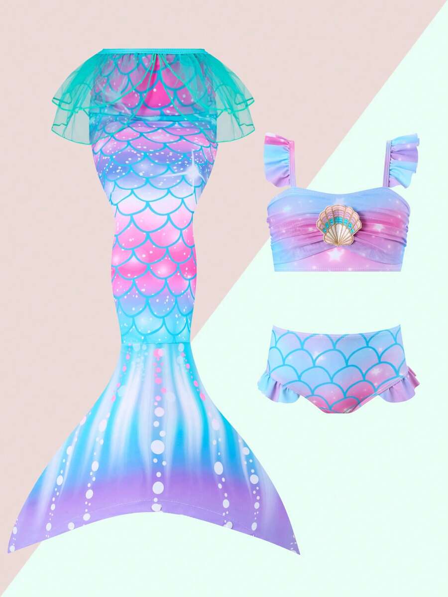WESTFADE Young 3 pièces/Ensemble Maillots de bain pour toutes petites filles, Imprimé écailles de poisson mignon avec décoration de coquillage, Ensemble bikini queue de sirène