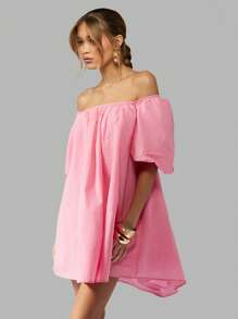 MISSGUIDED Off Shoulder Puff Sleeve Summer Mini Dress Flutter A-Line Party Wedding Guest Spring Bardot Dress Special Occasion Short Length - Pink - View 7