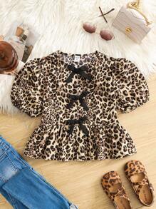 SHEIN Tween Girl Spring/Summer Fashionable Leopard Print Colorblock Bow Trim Ruffle Long Sleeve Casual Blouse, Holiday Wear - Brown - View 3
