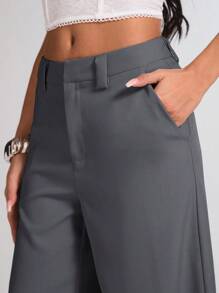 SHEIN BAE 女款杏色纯色斜纹布纽扣口袋简约低腰长裤，适合通勤、休闲、时尚外出、复古风格、办公室着装、休闲、冬季女裤、阔腿裤、休闲裤、商务休闲女 - 深灰色 - 查看 4