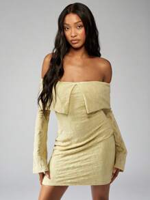 MISSGUIDED Off Shoulder Bardot Mini Dress Lace Textured Elegant Ruched Long Bell Sleeve Party Evening Special Occasion Spring Summer - Yellow - View 4
