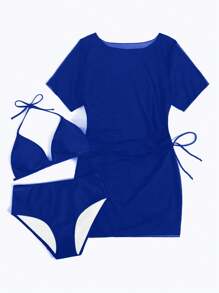 SHEIN Swim Curve 大码纯色比基尼套装，度假/海滩 - 藍色 - 查看 3