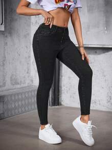 Women's Button Front Pocket Design Skinny Casual Versatile Denim Jeans - Multicolor - View 3
