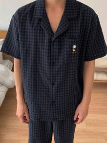 DAZY 男士纯色衬衫 T 恤睡衣套装，夏季 - 藏蓝色 - 查看 5