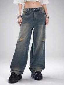 SHEIN EZwear Women's Spring/Summer Going Out Casual Daily Wear Hip-Hop Denim Dirty Washed Ripped Jeans - Medium Wash - View 5